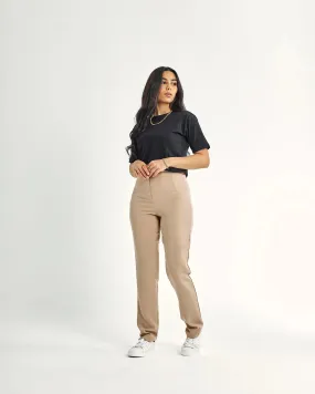 High-Waist Beige Slim-Fit Trousers.