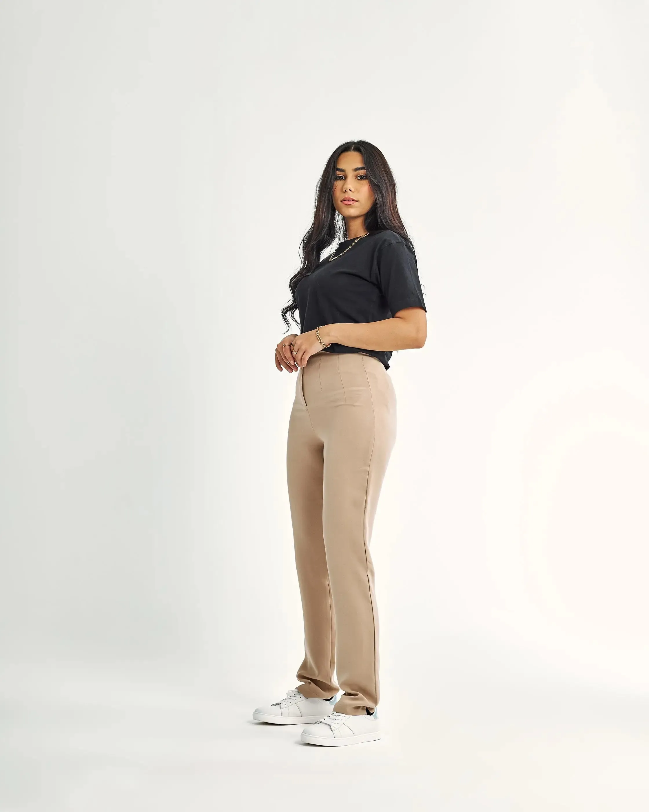 High-Waist Beige Slim-Fit Trousers.