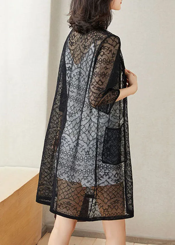 Italian Black Pockets Hollow Out Patchwork Lace Cardigans Summer