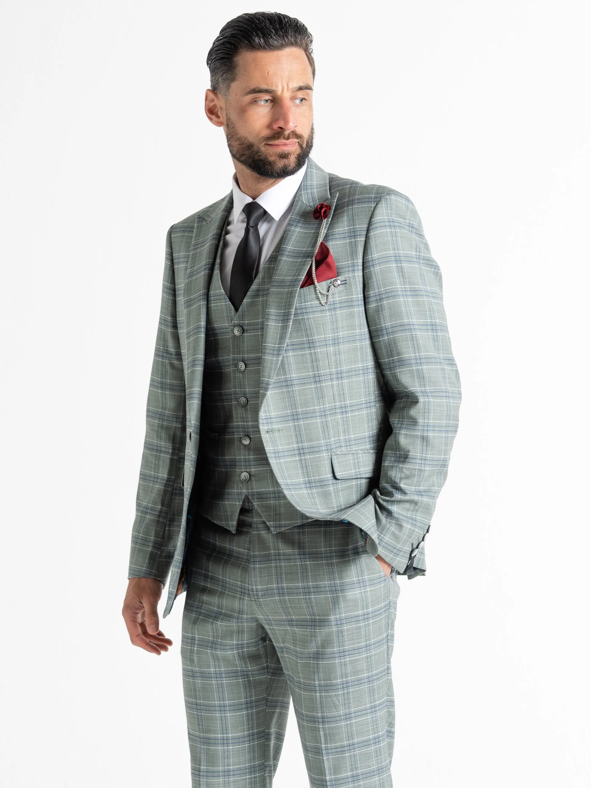 KENSINGTON OLIVE WITH WHITE AND BLUE CHECKS DETAILING