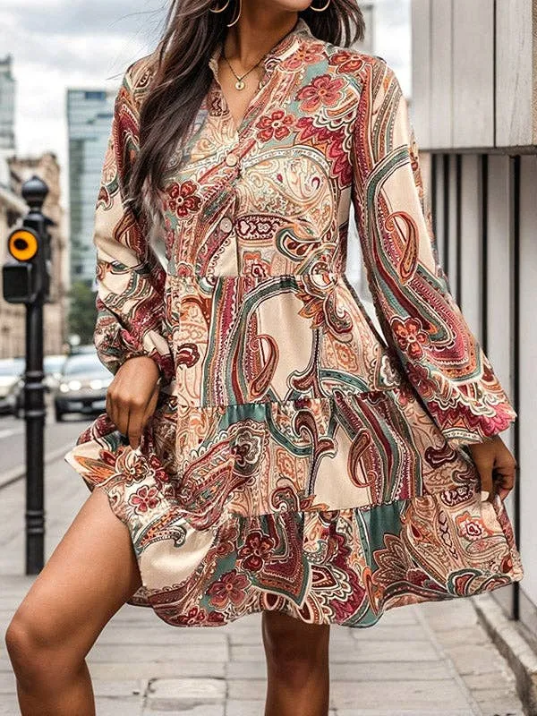 Long Sleeves Loose Buttoned Flower Print  V-Neck Mini Dresses