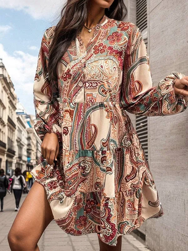 Long Sleeves Loose Buttoned Flower Print  V-Neck Mini Dresses