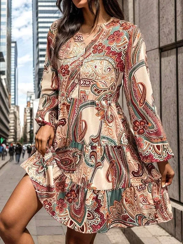 Long Sleeves Loose Buttoned Flower Print  V-Neck Mini Dresses