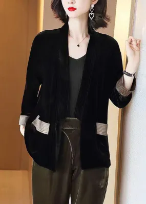 Loose Black V-Neck Pockets Patchwork Silk Velour Cardigans Bracelet Sleeve TF1038