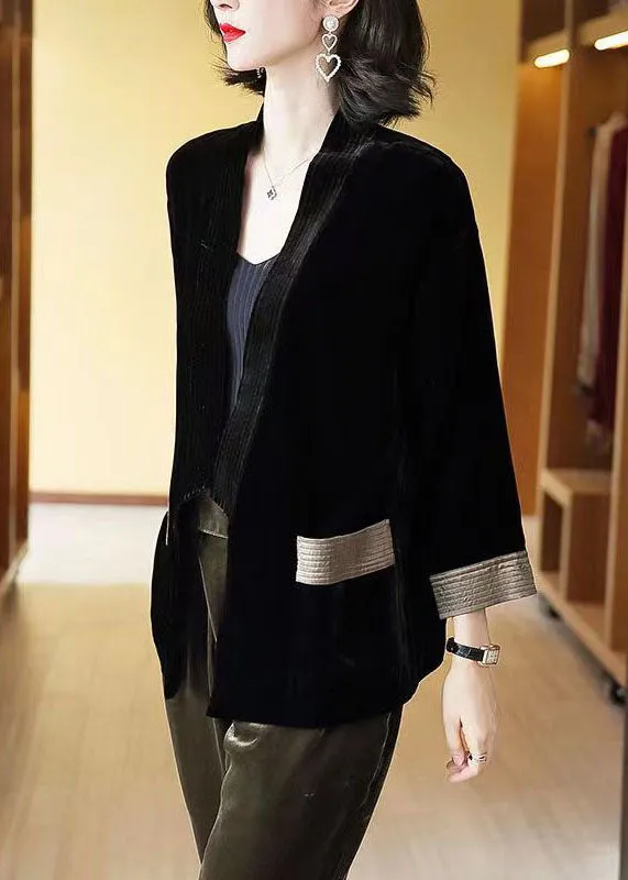 Loose Black V-Neck Pockets Patchwork Silk Velour Cardigans Bracelet Sleeve TF1038