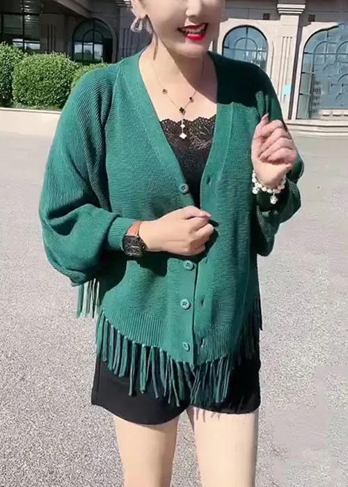 Loose Green Tasseled Button Knit Cardigans Batwing Sleeve AS1023