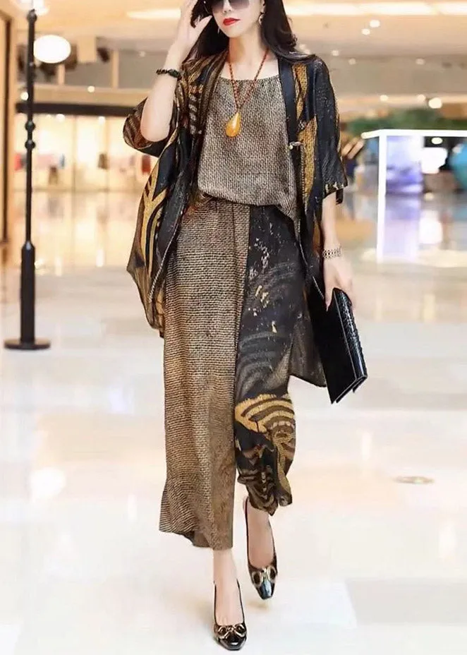 Loose Print Silk Cardigans Top And Wide Leg Pants Three Pieces Set Summer LY3801