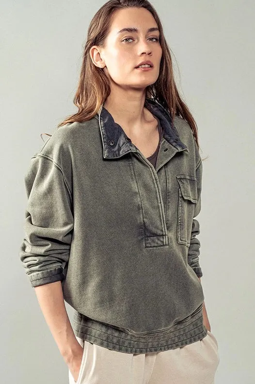 Mineral Washed Snap Button Mock Neck Sweatshirt OLIVE