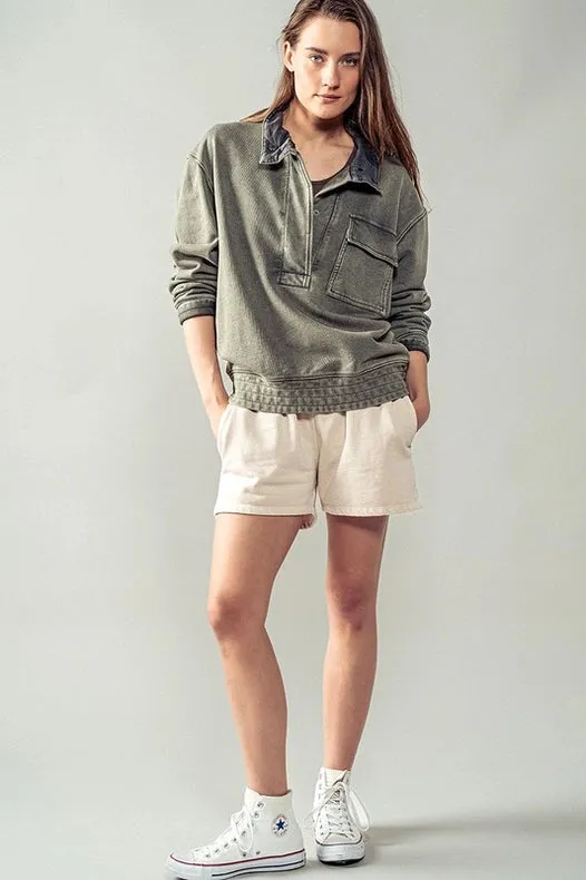 Mineral Washed Snap Button Mock Neck Sweatshirt OLIVE