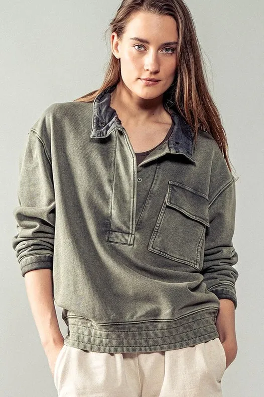 Mineral Washed Snap Button Mock Neck Sweatshirt OLIVE