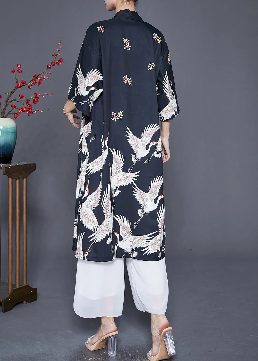 Modern Black Oversized Crane Print Linen Long Cardigans Half Sleeve LY6795