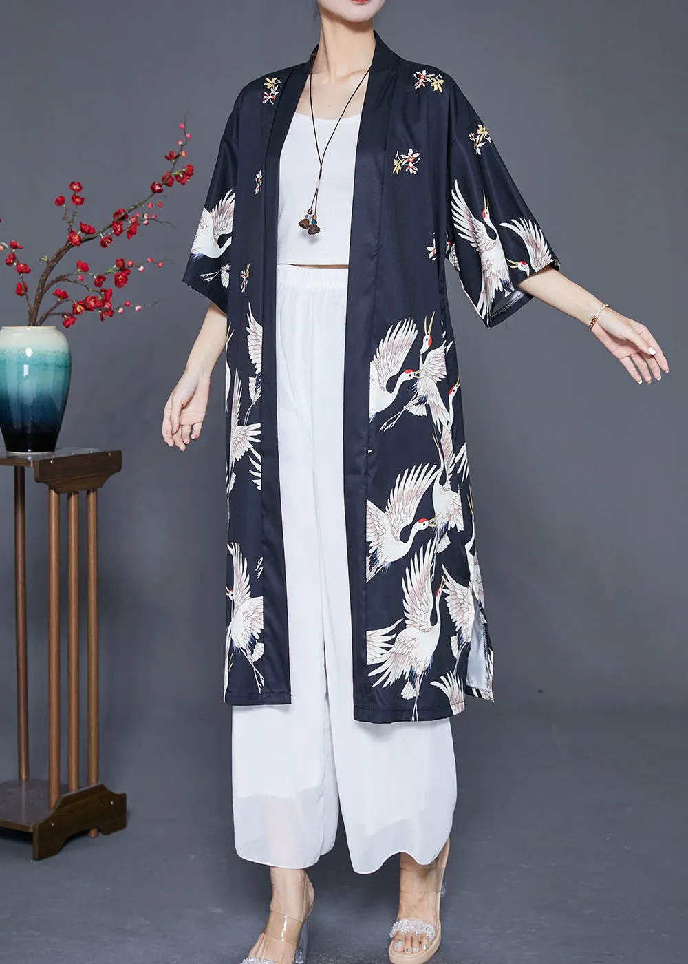 Modern Black Oversized Crane Print Linen Long Cardigans Half Sleeve LY6795