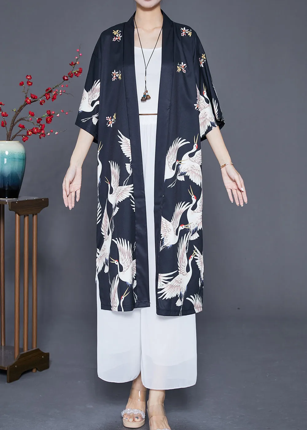 Modern Black Oversized Crane Print Linen Long Cardigans Half Sleeve LY6795