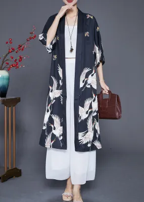 Modern Black Oversized Crane Print Linen Long Cardigans Half Sleeve LY6795