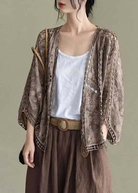 Modern Khaki Jacquard Hollow Out Cotton Short Cardigans