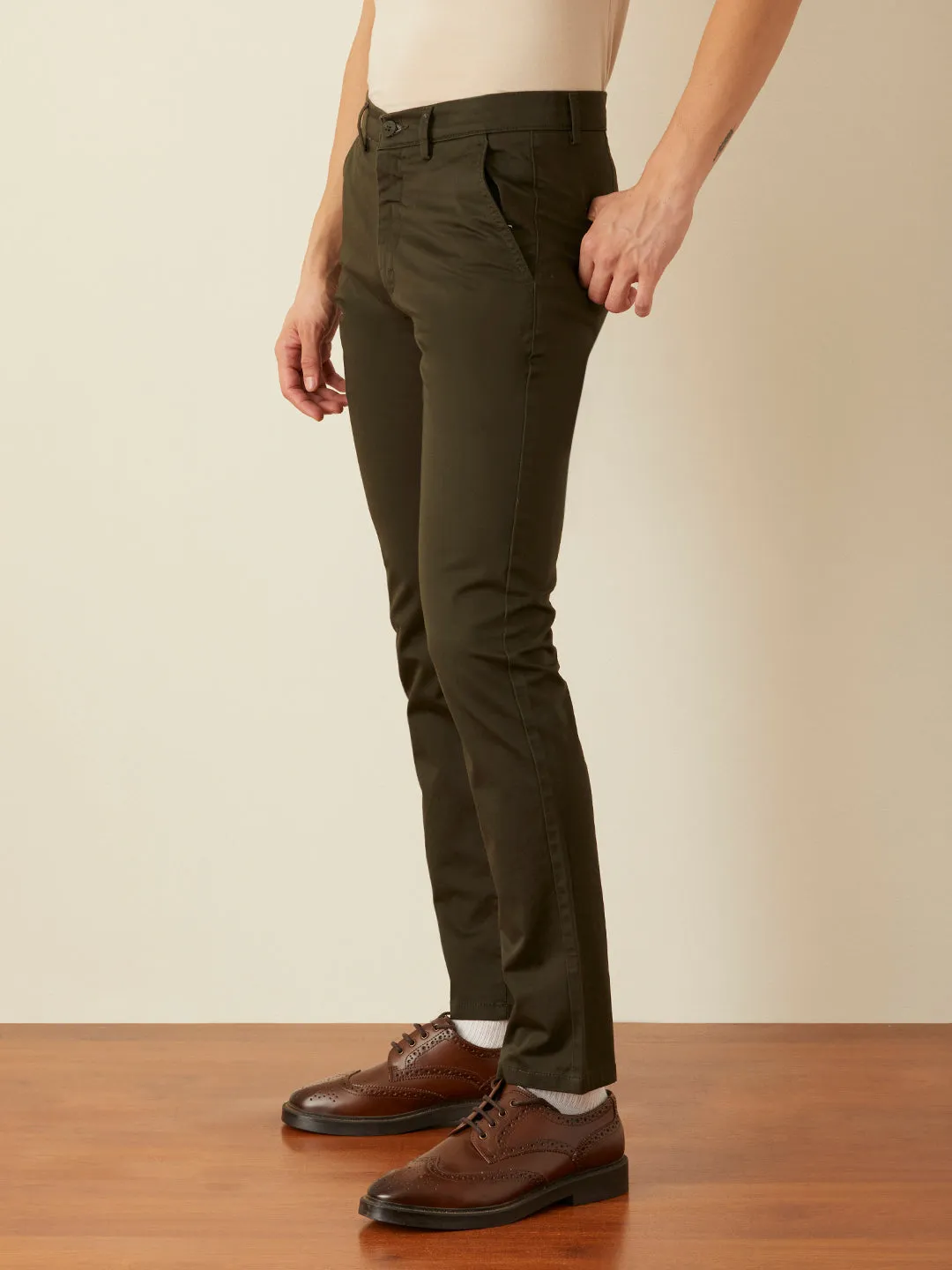 Olive Plain Slim Fit Trousers