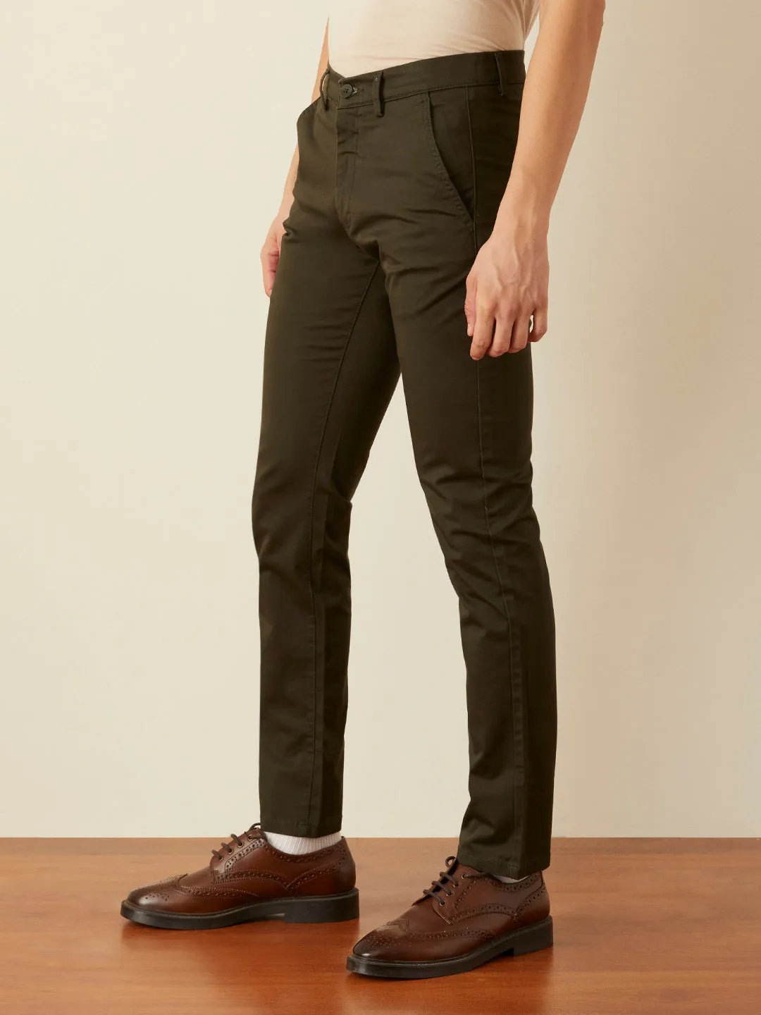 Olive Plain Slim Fit Trousers