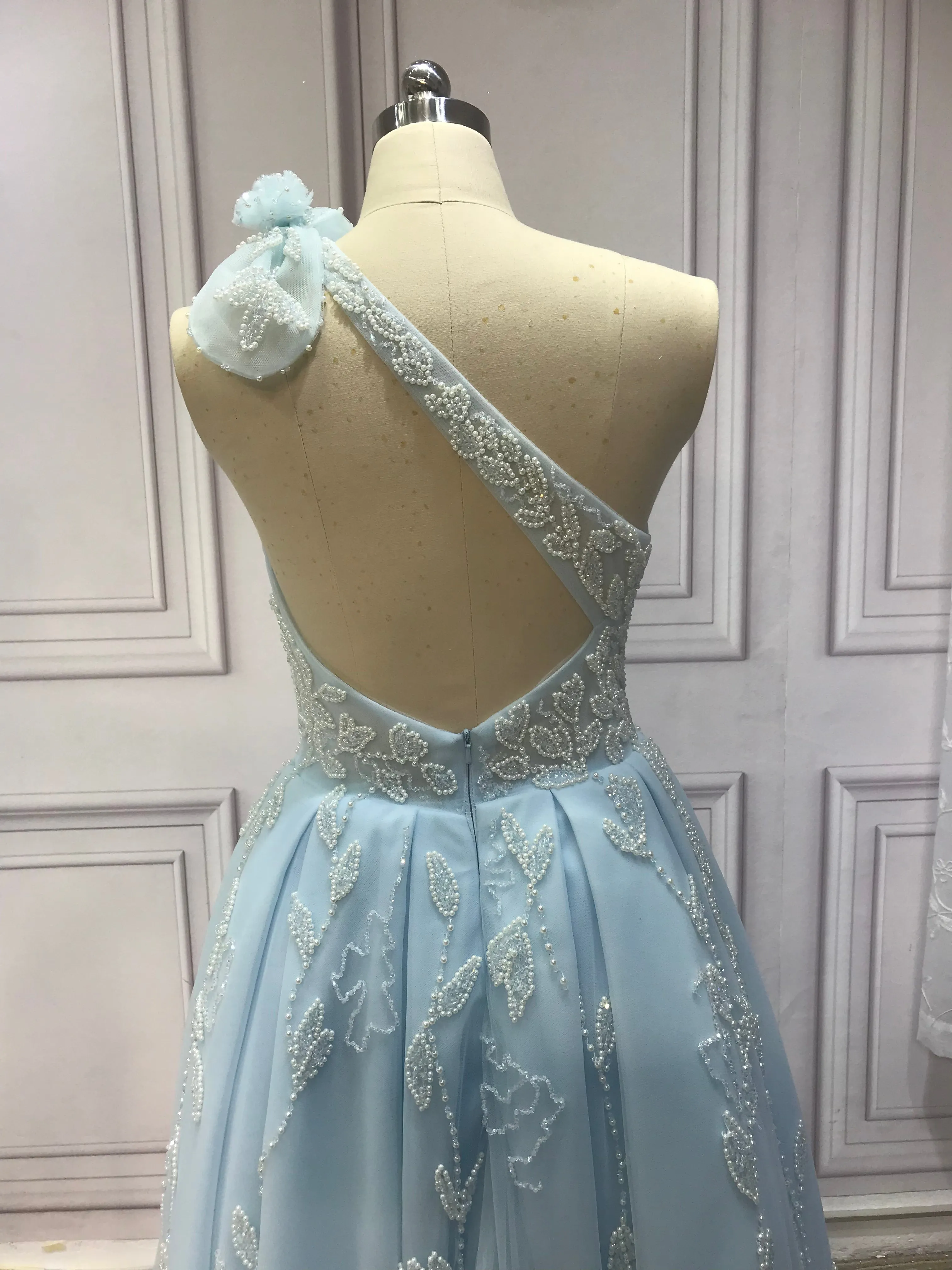 One shoulder tea length heavy handmade beaded pearls crystals couture prom dress 2023