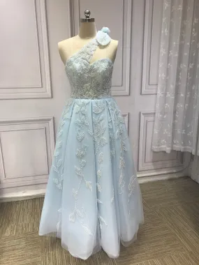 One shoulder tea length heavy handmade beaded pearls crystals couture prom dress 2023