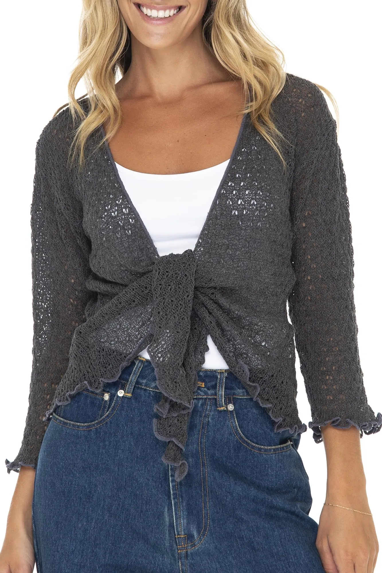 Open Front Tie Front Cotton Cardigan