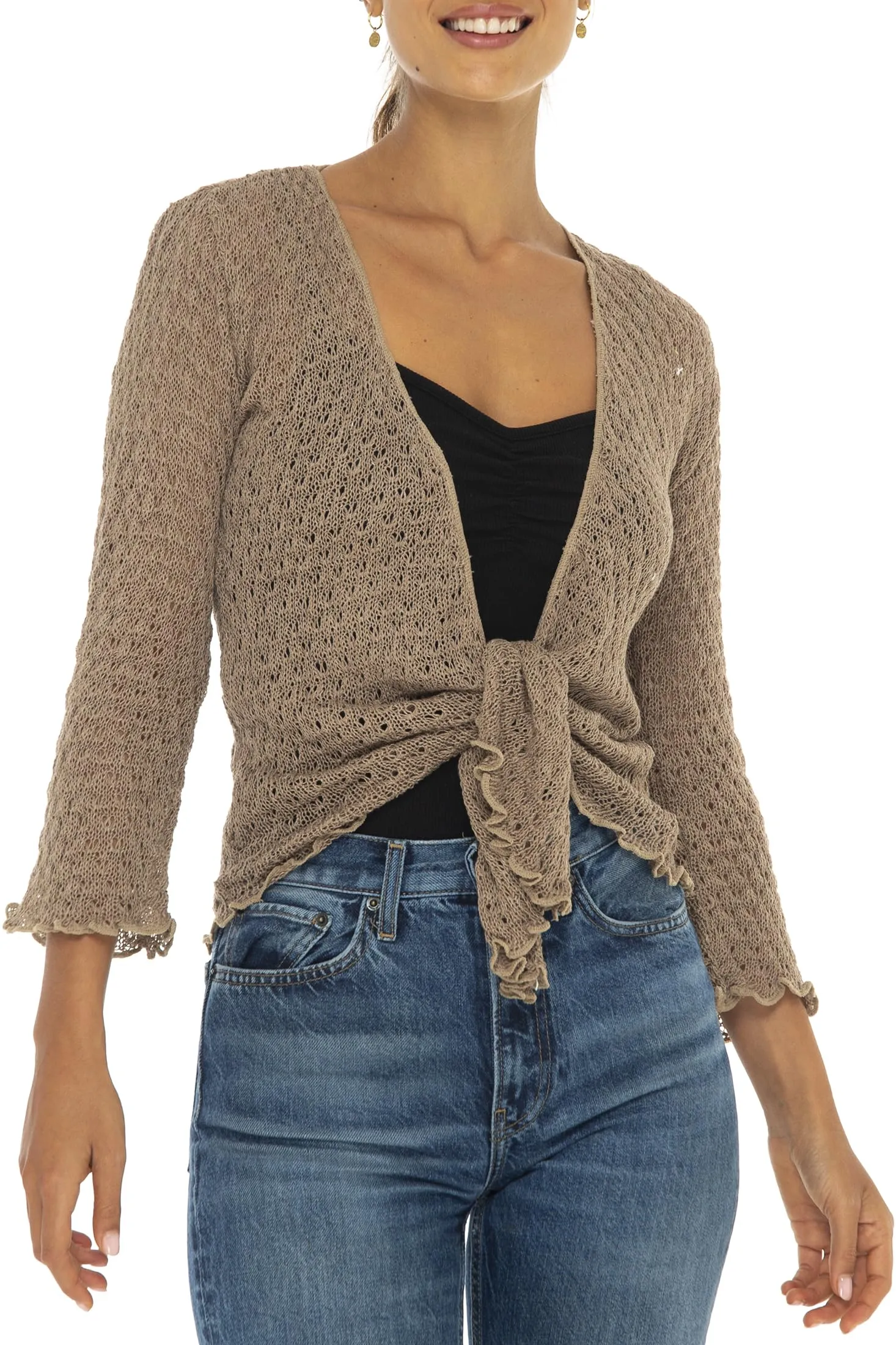 Open Front Tie Front Cotton Cardigan