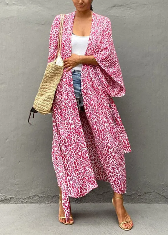 Pink V Neck Dot Tie Waist Cotton Maxi Beach Cardigans Long Sleeve