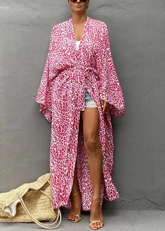 Pink V Neck Dot Tie Waist Cotton Maxi Beach Cardigans Long Sleeve