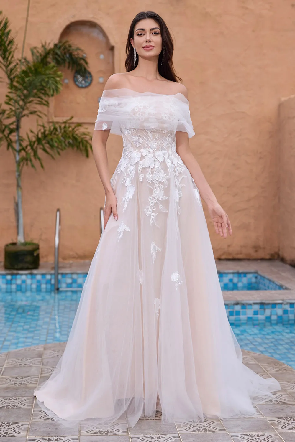 Princess White Off The Shoulder Tulle Long Wedding Dress with Appliques Lace