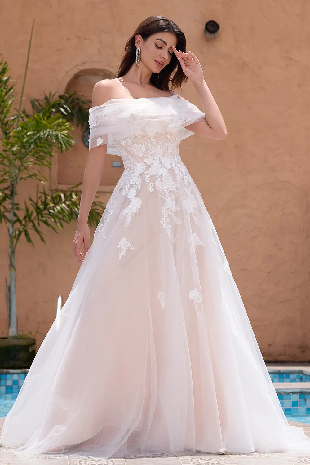 Princess White Off The Shoulder Tulle Long Wedding Dress with Appliques Lace