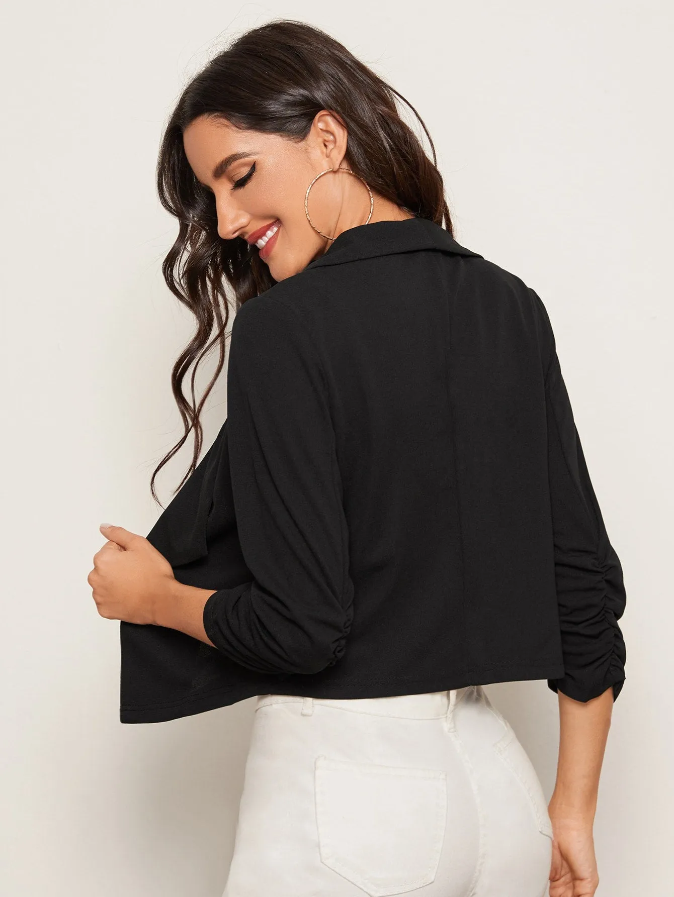 Privé Shawl Collar Ruched Sleeve Open Front Blazer