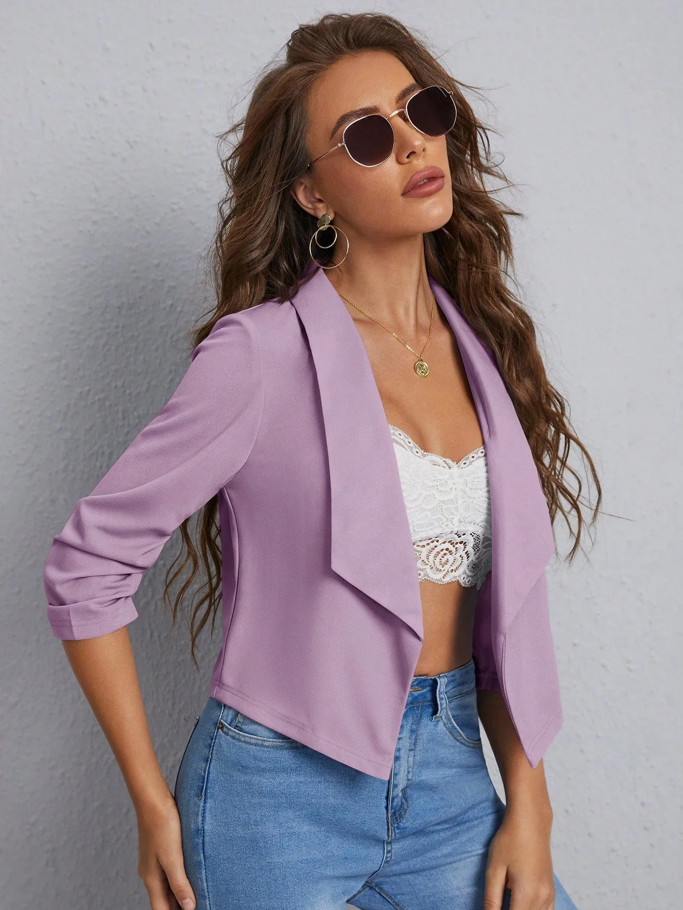 Privé Shawl Collar Ruched Sleeve Open Front Blazer