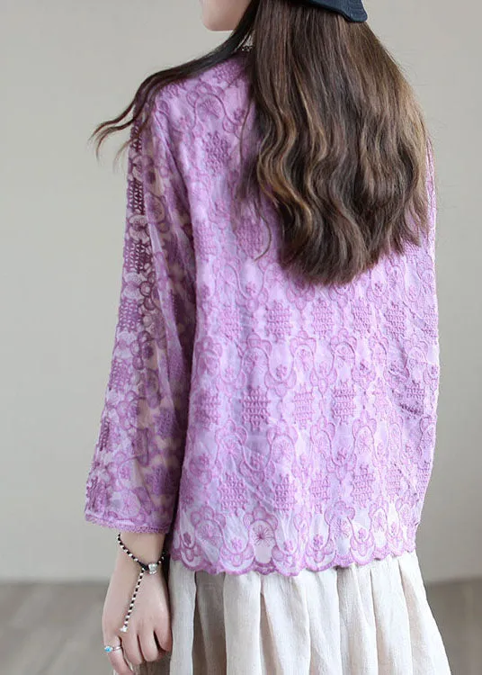 Purple Patchwork Cotton Loose Cardigans Hollow Out Long Sleeve