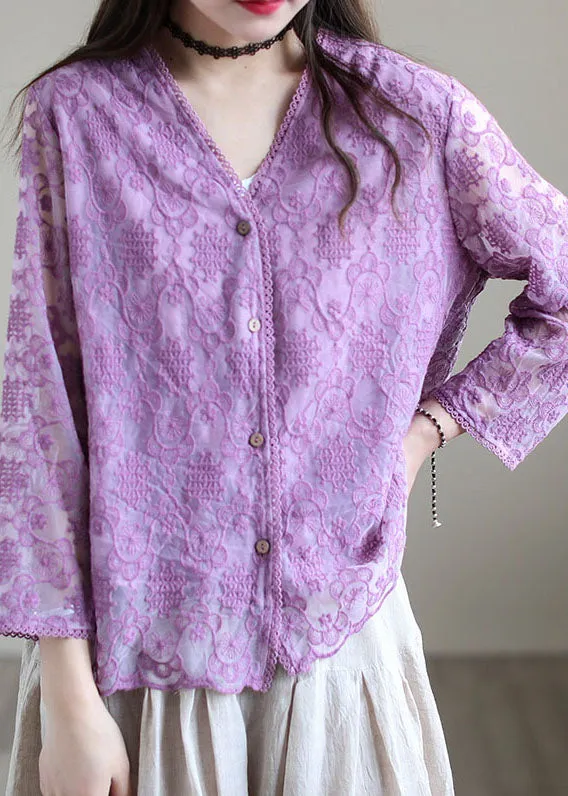 Purple Patchwork Cotton Loose Cardigans Hollow Out Long Sleeve