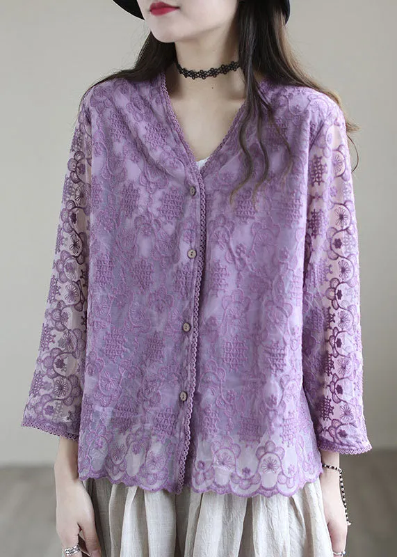 Purple Patchwork Cotton Loose Cardigans Hollow Out Long Sleeve