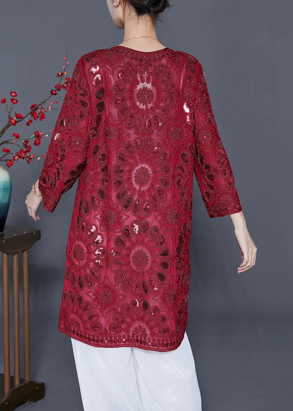 Red Hollow Out Tulle UPF 50  Cardigans Embroideried Summer