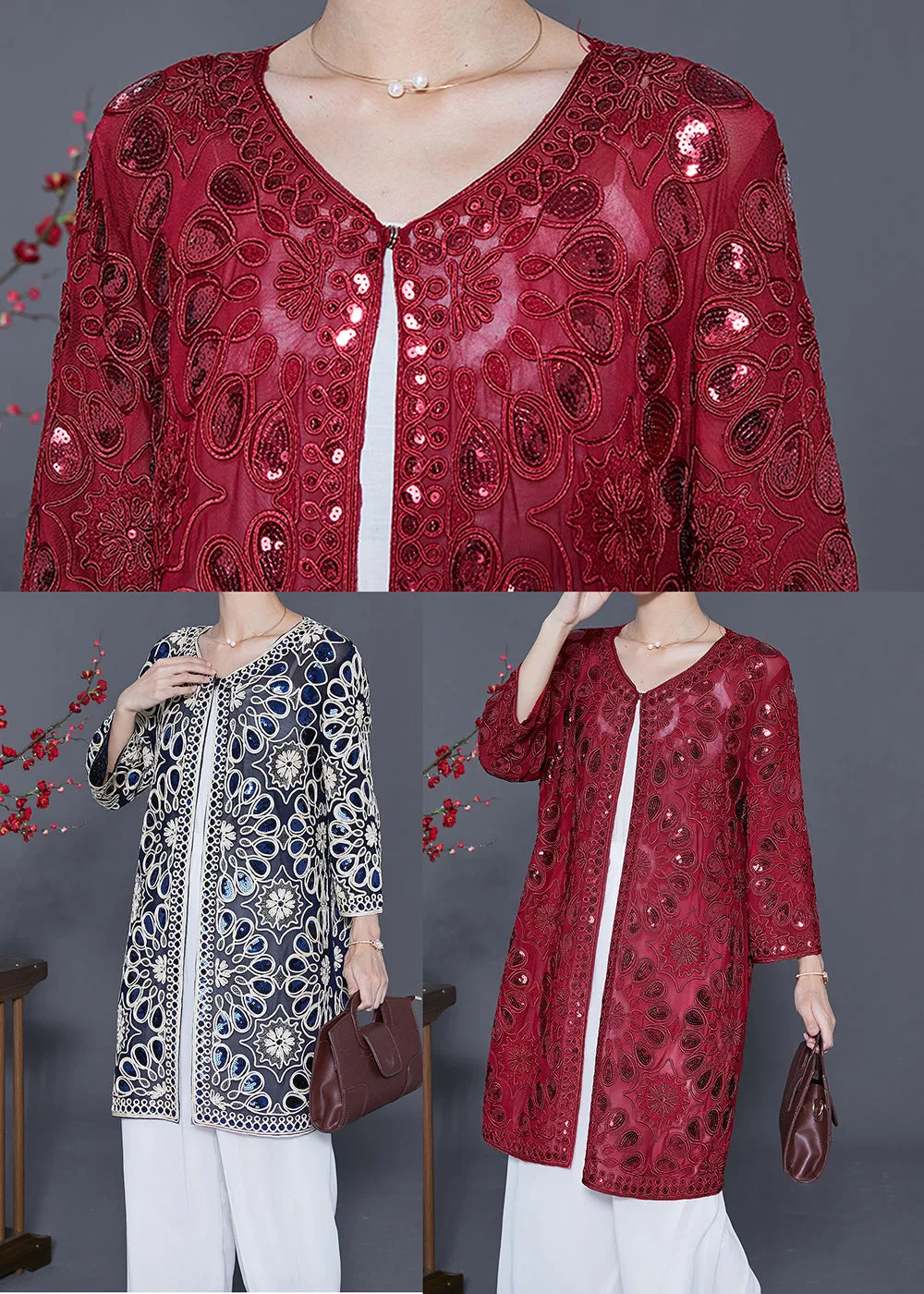 Red Hollow Out Tulle UPF 50  Cardigans Embroideried Summer