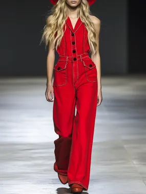 Retro Fashionable Sleeveless Button Wide Leg Red Jumpsuit