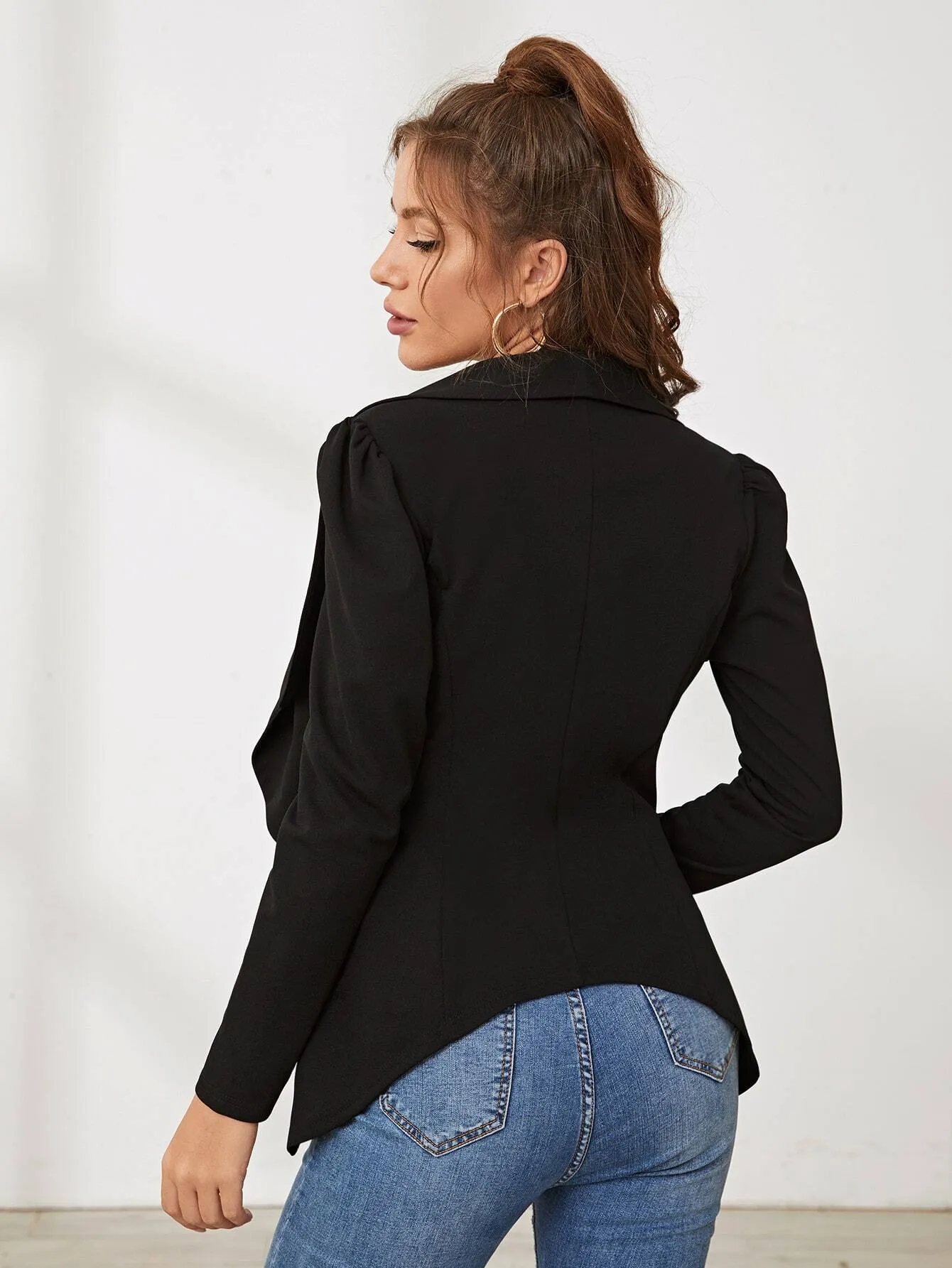 Shawl Collar Puff Sleeve Open Front Blazer Without Cami Top