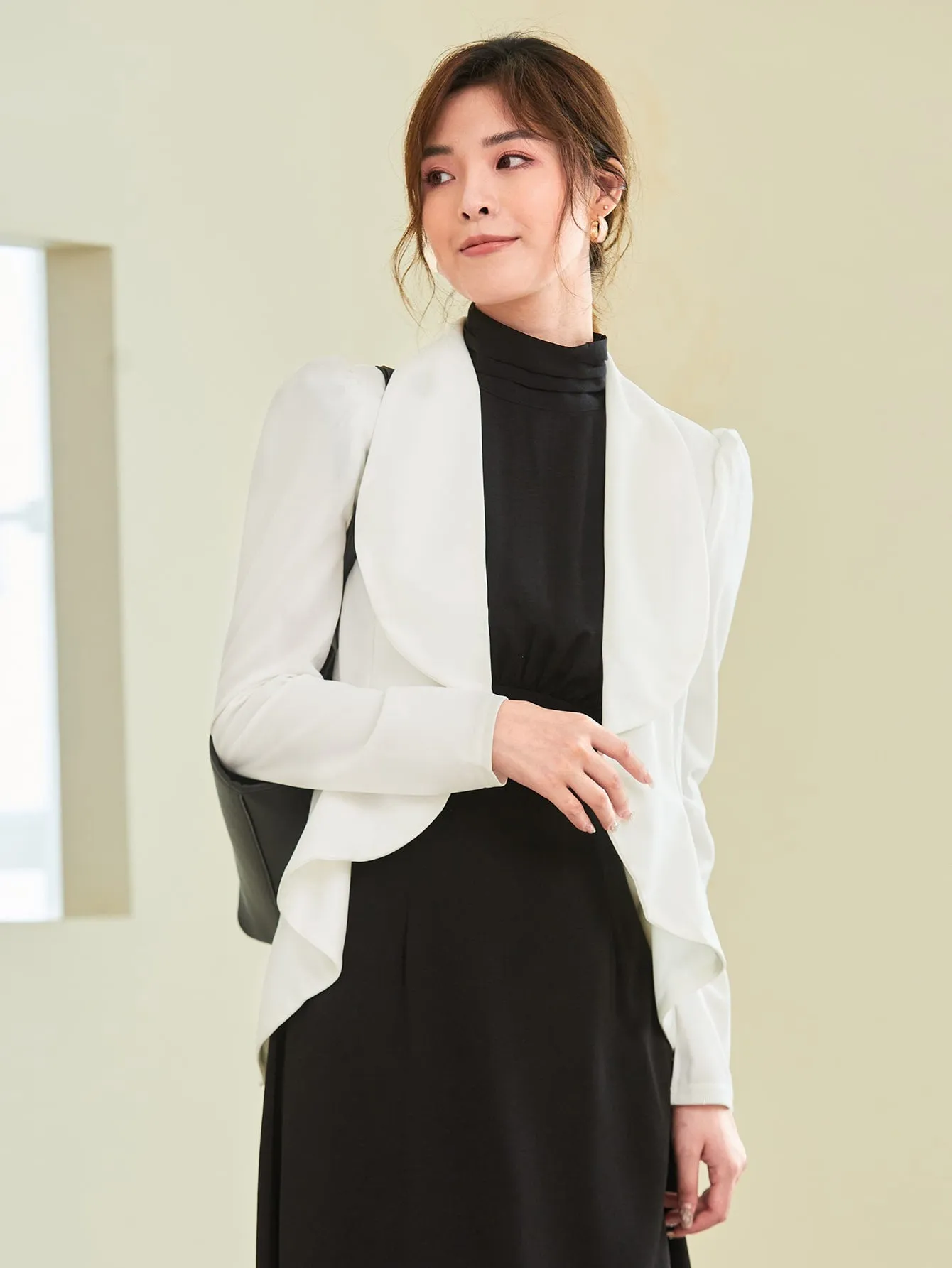 Shawl Collar Puff Sleeve Open Front Blazer Without Cami Top