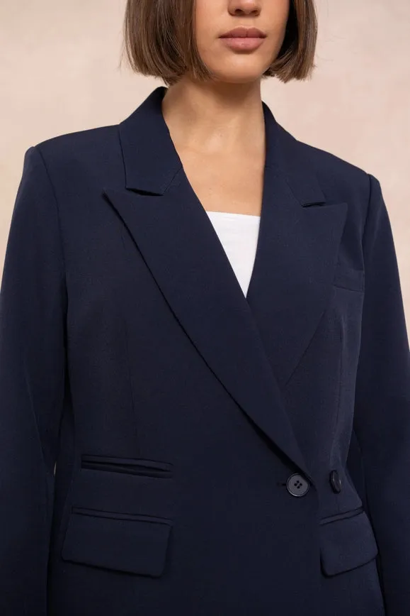 Signature Asymmetric Mid-Length Double-Breasted Plain Jacket  Navy Blue