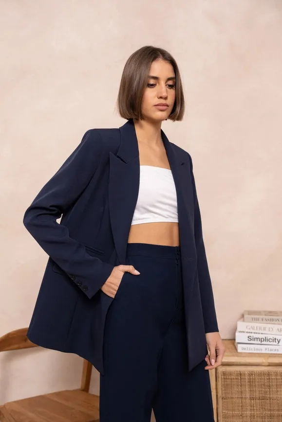 Signature Asymmetric Mid-Length Double-Breasted Plain Jacket  Navy Blue