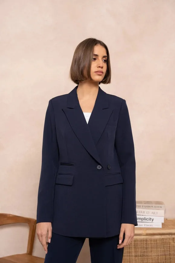 Signature Asymmetric Mid-Length Double-Breasted Plain Jacket  Navy Blue