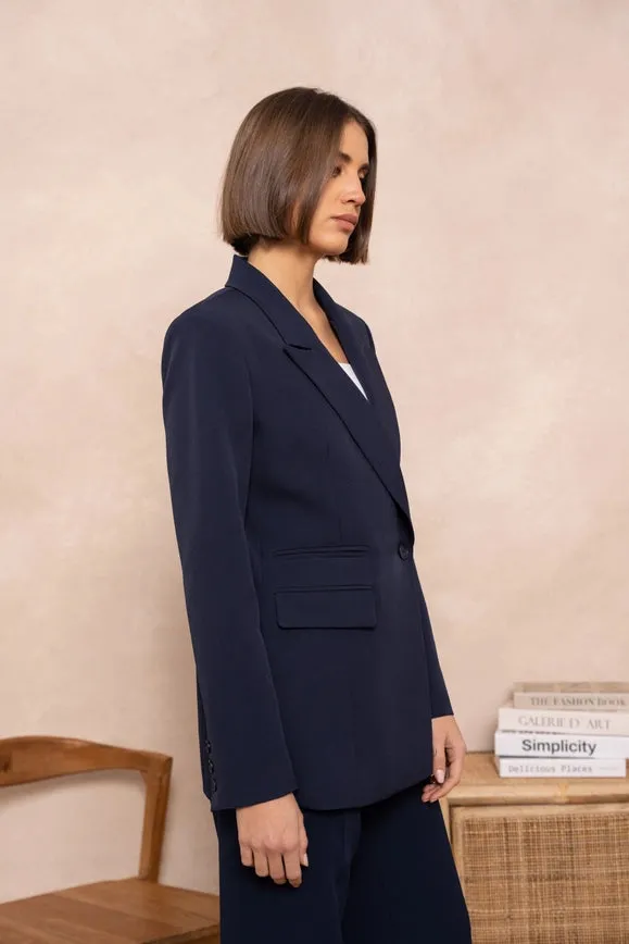 Signature Asymmetric Mid-Length Double-Breasted Plain Jacket  Navy Blue