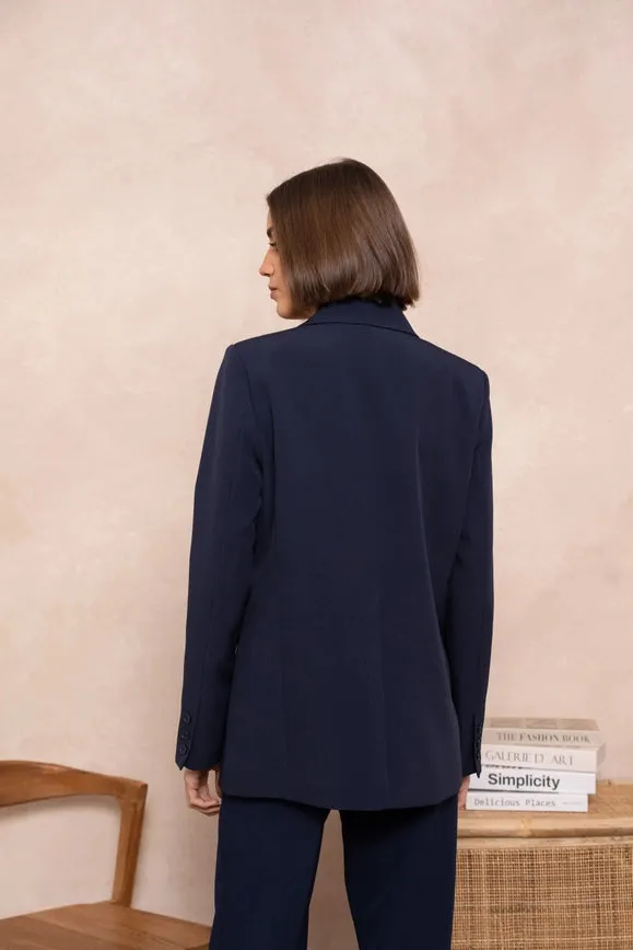 Signature Asymmetric Mid-Length Double-Breasted Plain Jacket  Navy Blue