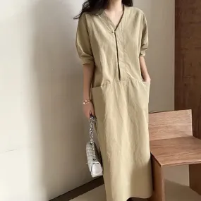 Simple French Style Women Dress Casual V-neck Vestidos Summer Korean Chic Long Solid Straight Short Sleeve Femme Dresses B-25785