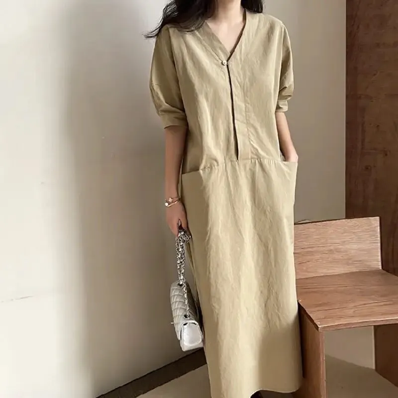 Simple French Style Women Dress Casual V-neck Vestidos Summer Korean Chic Long Solid Straight Short Sleeve Femme Dresses B-25785