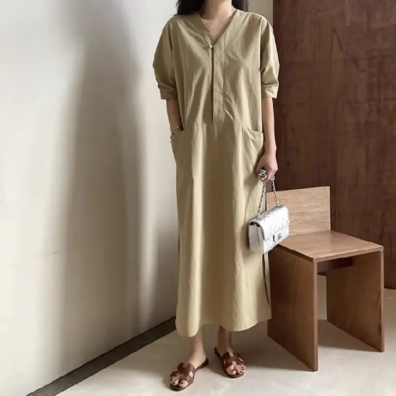 Simple French Style Women Dress Casual V-neck Vestidos Summer Korean Chic Long Solid Straight Short Sleeve Femme Dresses B-25785