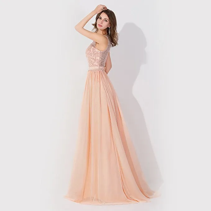 Sleeveless Chiffon Beading Evening Party Dress Crew Neck aline Bridesmaid Dress