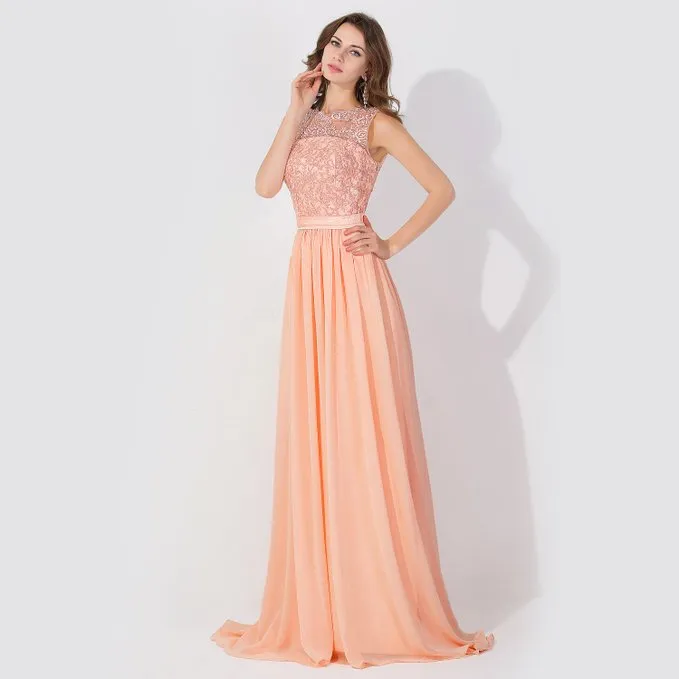 Sleeveless Chiffon Beading Evening Party Dress Crew Neck aline Bridesmaid Dress