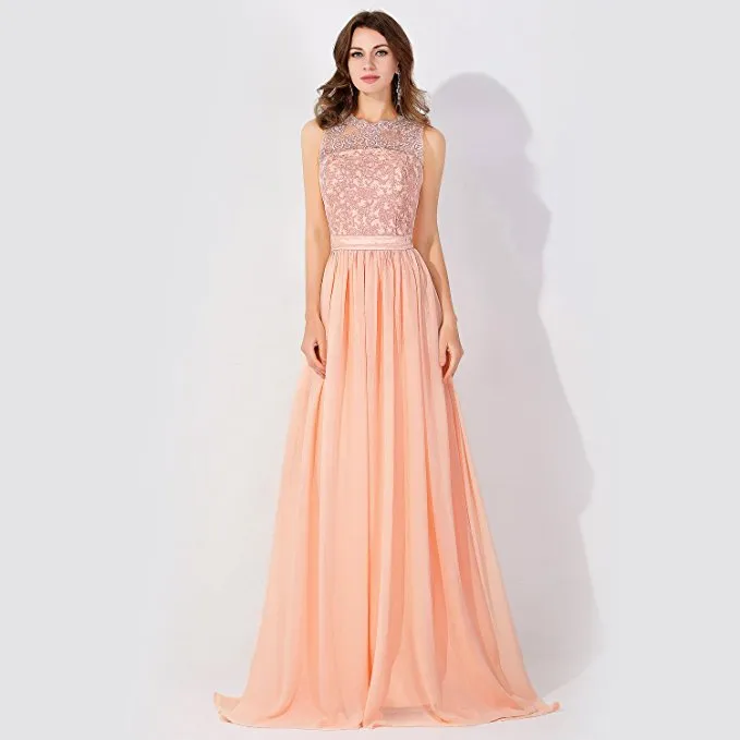 Sleeveless Chiffon Beading Evening Party Dress Crew Neck aline Bridesmaid Dress